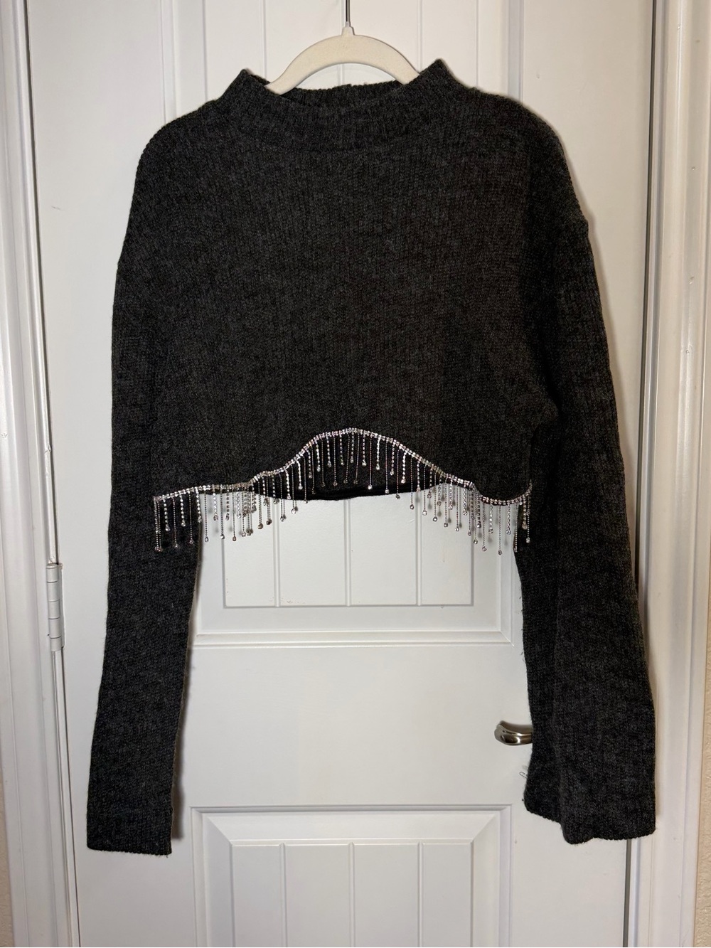 Zara Rhinestone Fringe Cropped Sweater Charcoal Gray Size L